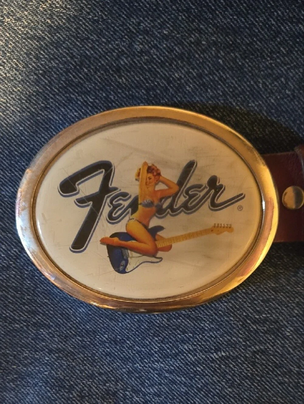 Vintage Brown Leather Belt with Fender Guitar Pinup Buckle